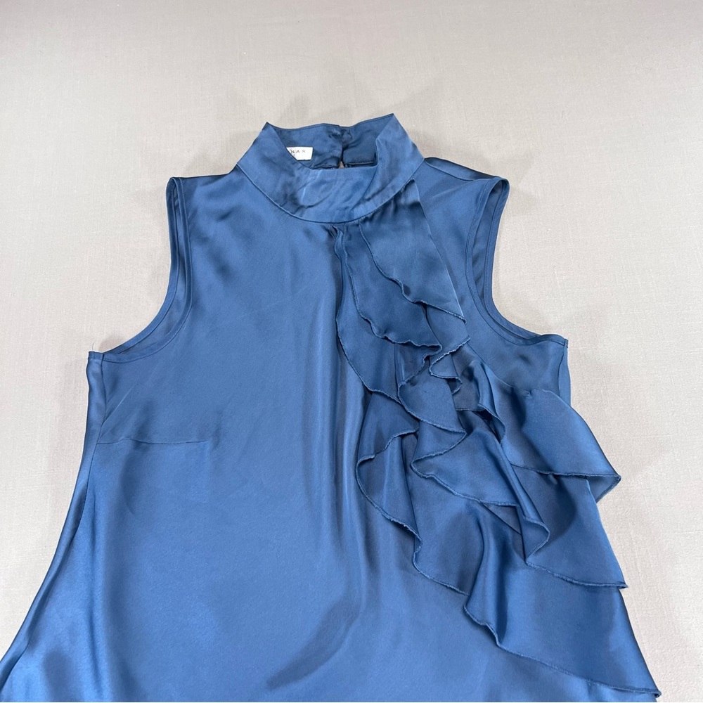 Kenar Women’s M Blue Satin Ruffle Front Sleeveless Top Mock Neck Blouse - Picture 9 of 13